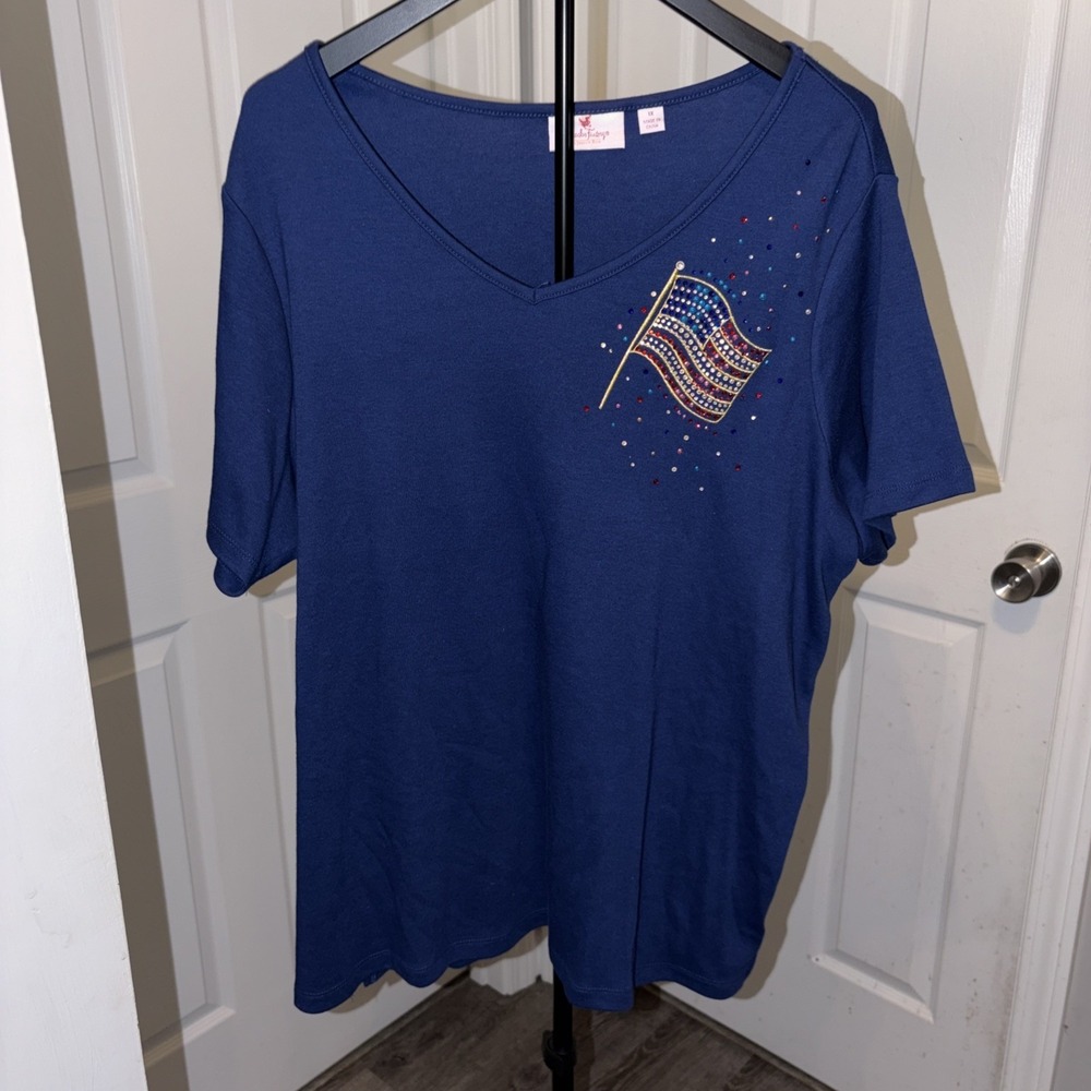 Quaker Factory‎ 1x Short Sleeve Embroidered Rhinestone Embellished American Flag